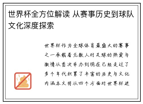 世界杯全方位解读 从赛事历史到球队文化深度探索
