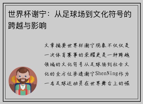 世界杯谢宁：从足球场到文化符号的跨越与影响