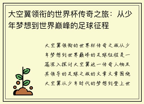 大空翼领衔的世界杯传奇之旅：从少年梦想到世界巅峰的足球征程
