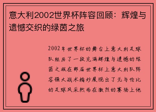 意大利2002世界杯阵容回顾：辉煌与遗憾交织的绿茵之旅